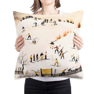 Coussin Œuvre d'art de skieurs vintage, peinture de paysag