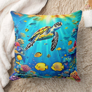 Coussin Œuvre d'art vibrante de tortue marine sur récif