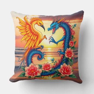 Coussin Œuvre d'art vibrante du dragon et du phénix avec f