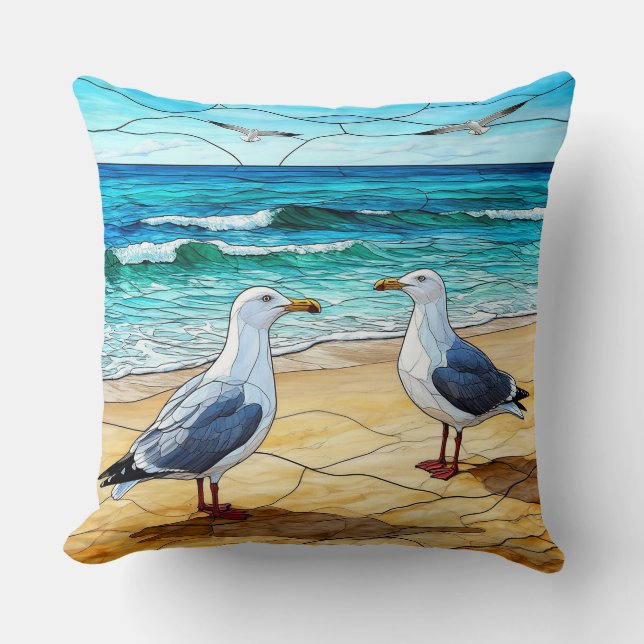 Coussin Oeuvre en verre tendu sur une plage de mouettes (Recto)