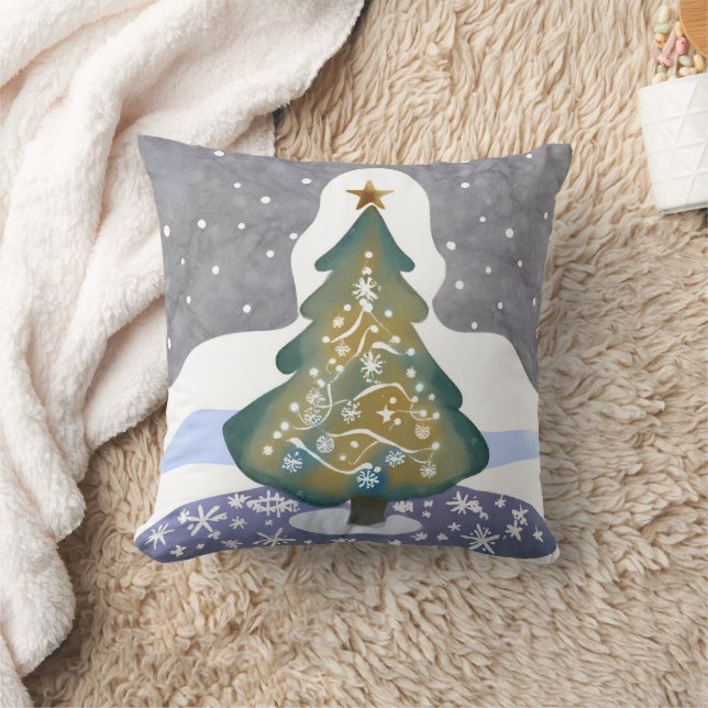 Coussin Oh sapin de Noël | Aquarelle Peinture hivernale (Couverture)