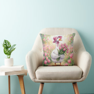 Coussin Oie blanche avec tulipes roses