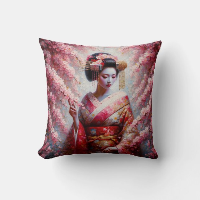 Coussin oil painting geisha and cherry tree (Recto)