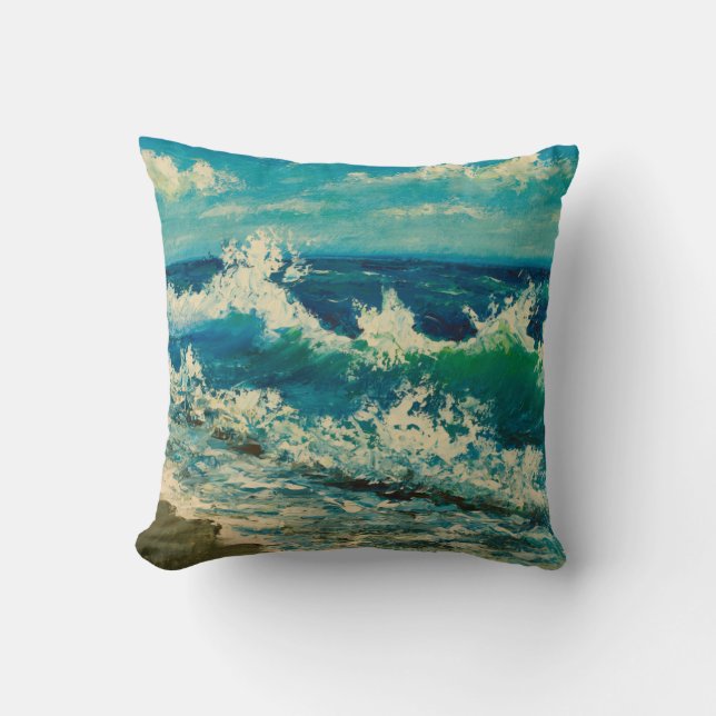 Coussin  oil painting of sea beach, beautiful waves on can (Recto)