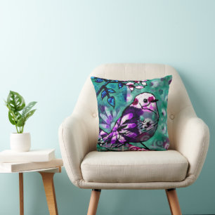 Coussin Oiseau Abstrait blanc Floral Turquoise pourpre