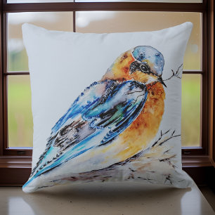 Coussin Oiseau bleu à l'aquarelle élégant Nature