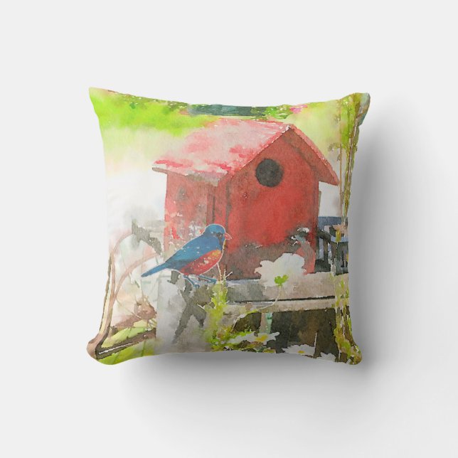 Coussin Oiseau bleu avec la volière rouge (Recto)