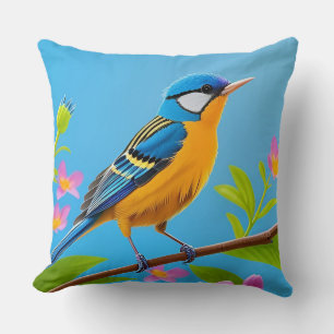 Coussin 💙 Oiseau Bleu Coloré Cadeau D'art Floral Pour Mam