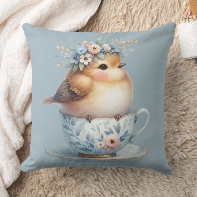 Coussin Oiseau bleu mignon avec couronne florale en Teacup (Couverture)