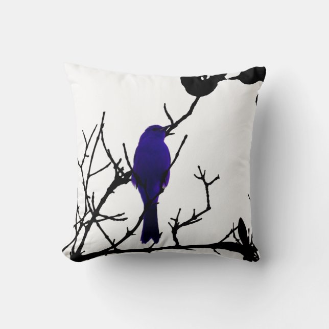 Coussin Oiseau bleu sur l'arbre noir (Recto)