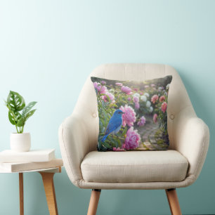 Coussin Oiseau bleu sur une pivoine rose