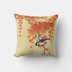 Coussin Oiseau bleu Tit, Branche de Paulownia, Feuilles ro