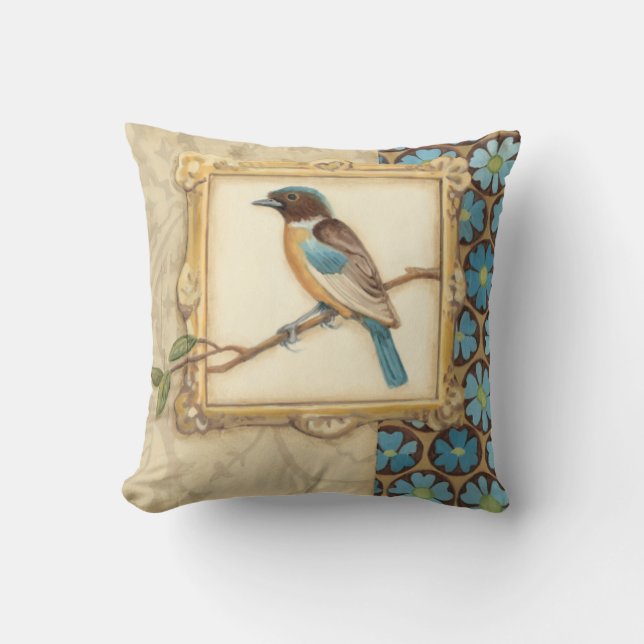 Coussin Oiseau Brown et bleu sur une branche (Recto)