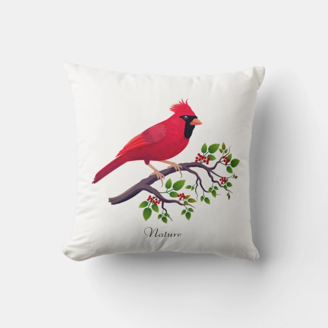Coussin Oiseau cardinal rouge sur branche d'arbre (Recto)