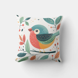 Coussin Oiseau caricatural mignon avec Feuilles et baies