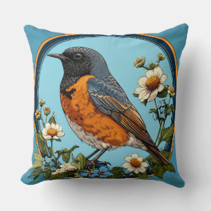 Coussin Oiseau Coloré avec Cadre Floral