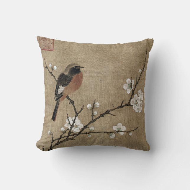 Coussin Oiseau dans une branche de floraison (Recto)