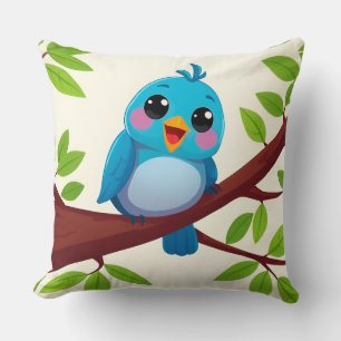 Coussin Oiseau de dessin animé bleu perché sur une branche