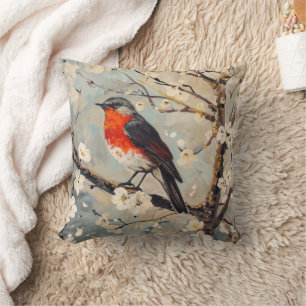 Coussin Oiseau du sein rouge dans l'arbre Fleurs blanches