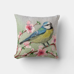 coussin oiseau et fleurs à l'aquarelle