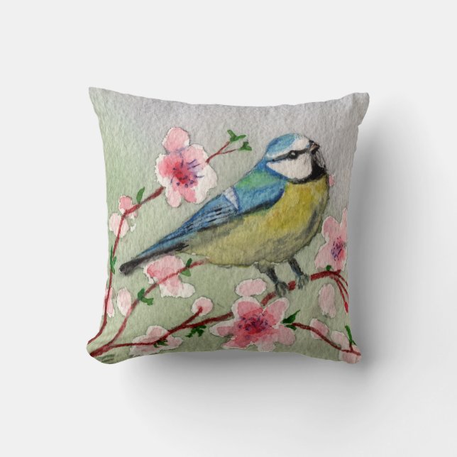 coussin oiseau et fleurs à l'aquarelle (Recto)
