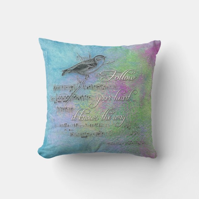 Coussin oiseau et musique avec une citation inspirante (Recto)