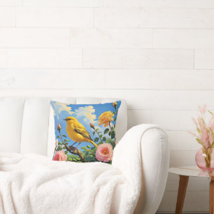 Coussin Oiseau jaune coloré et jolies roses roses
