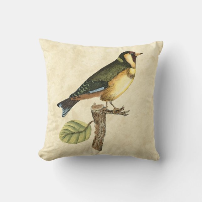 Coussin Oiseau jaune et vert perché sur une petite branche (Recto)