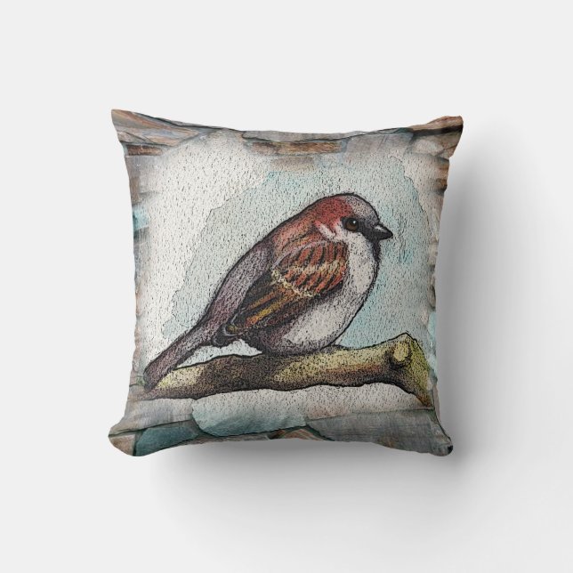 Coussin Oiseau, moineau : Peinture d'aquarelle : Roches, (Recto)