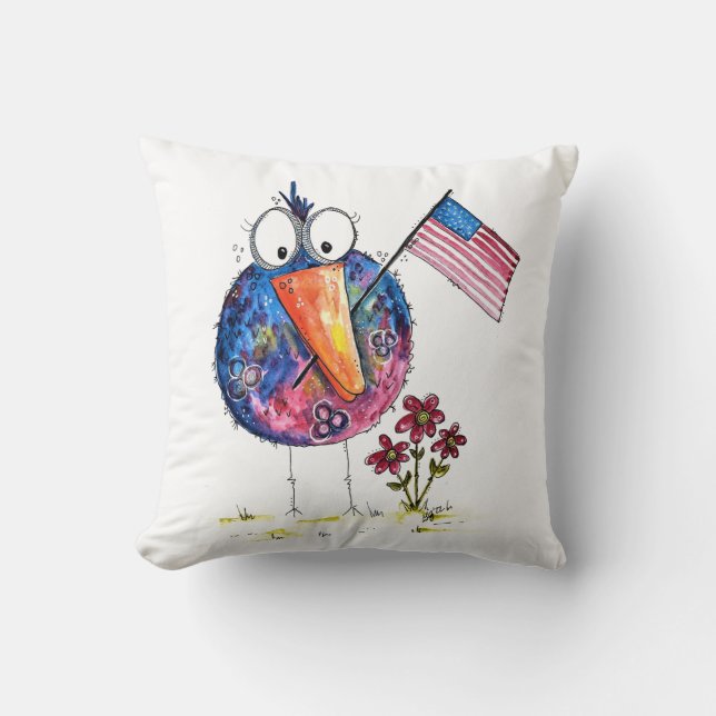 Coussin Oiseau patriotique blanc mignon avec drapeau (Recto)