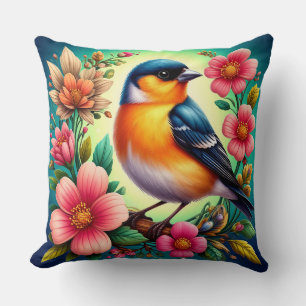 Coussin Oiseau perché parmi les fleurs colorées