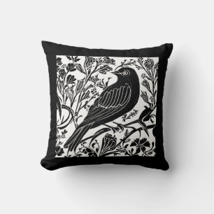 Coussin Oiseau sur une branche avec Fleurs en noir et blan