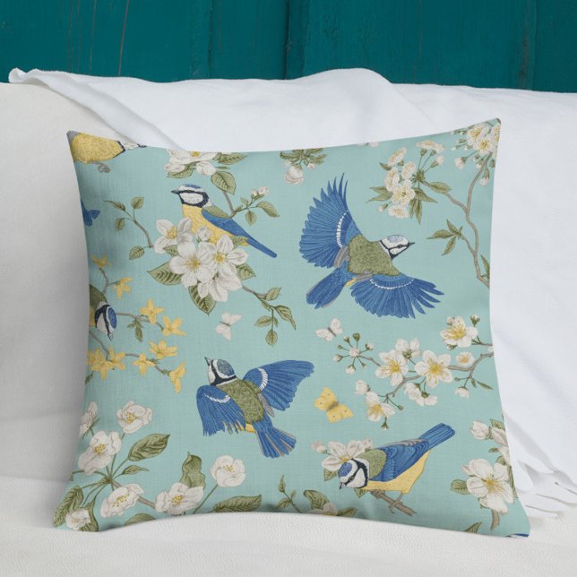 Coussin Oiseau Vintage bleu et fleurs (Créateur téléchargé)