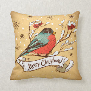 Coussin Oiseau vintage sur la branche de la neige Clad Joy
