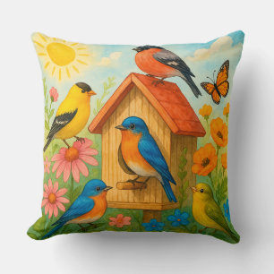 Coussin Oiseaux autour de la maison d'oiseaux Cadeau pour