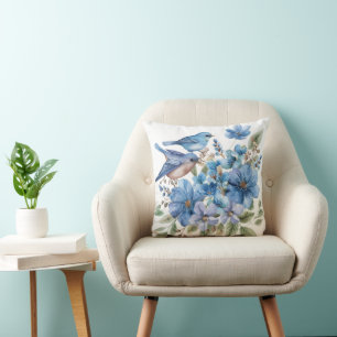 Coussin Oiseaux bleus aquarelle florales botaniques
