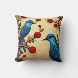 Coussin Oiseaux bleus Art folklorique Fleurs rouges Fleurs