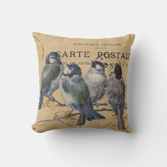 Coussin oiseaux bleus, carte postale française, shabby chi (Recto)