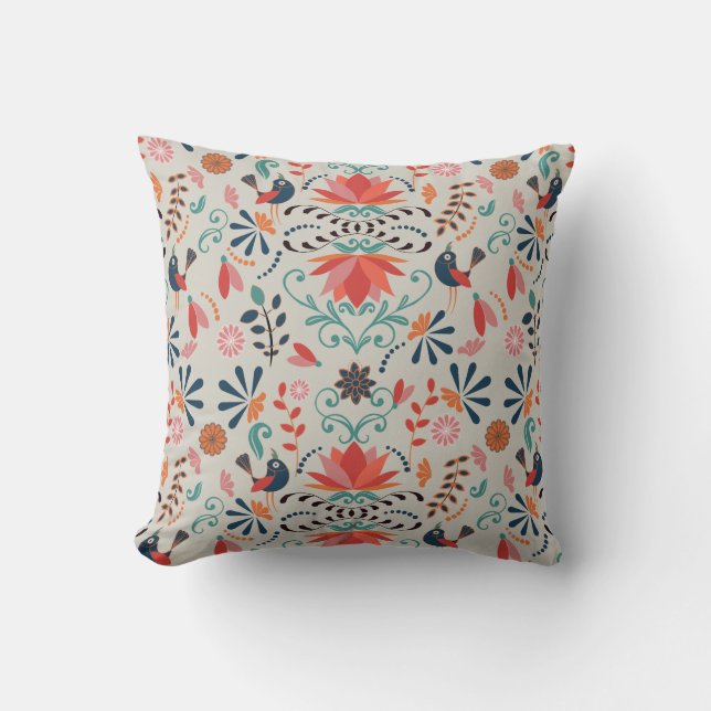 Coussin Oiseaux bleus de l'art populaire motifs floraux ro (Recto)