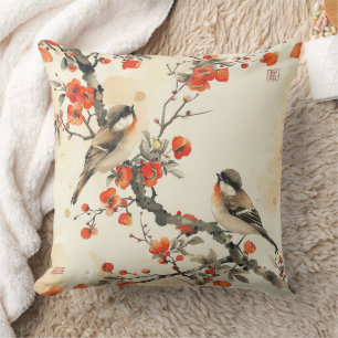 Coussin Oiseaux chantants orientaux et floraison - Asie tr