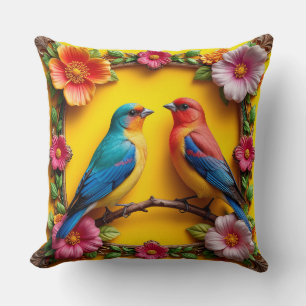 Coussin Oiseaux chanteurs vibrants entourés d'un cadre flo