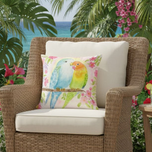 Coussin Oiseaux d'amour à l'aquarelle avec fleurs roses