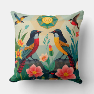 Coussin Oiseaux dans la nature avec éléments géométriques