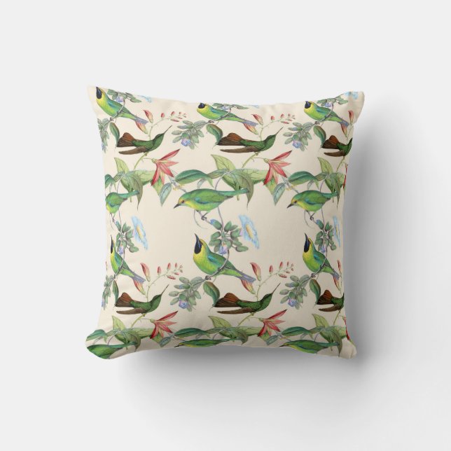 Coussin Oiseaux de brousse et fleurs à la crème légère (Recto)