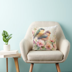 Coussin Oiseaux de l'amour doux pastel de printemps Fleurs