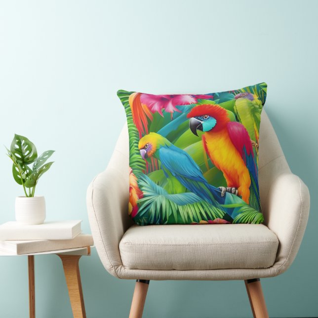 Coussin Oiseaux de perroquets Tropical Palmiers bleus vert (Chaise)