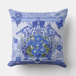 Coussin Oiseaux de porcelaine bleue et cage à oiseaux
