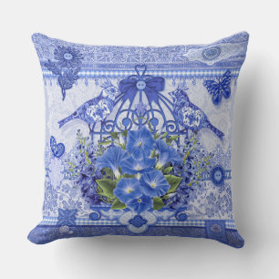 Coussin Oiseaux de porcelaine bleue et cage à oiseaux