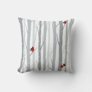 Coussin Oiseaux d'hiver : Arbres gris, Oiseaux rouges