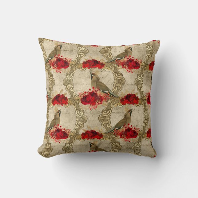 Coussin Oiseaux d'or et flore rouge (Recto)